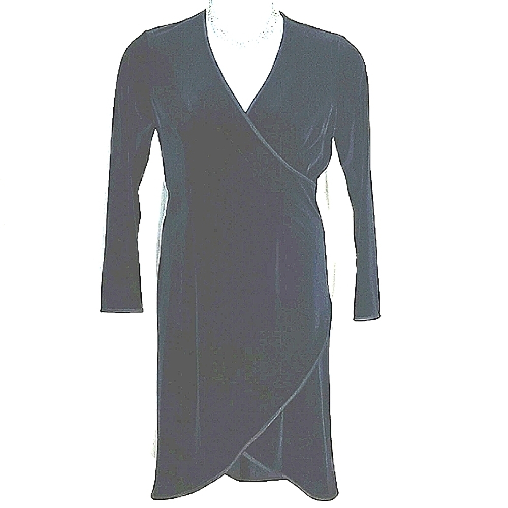 Anna Laura Black Velvet Cocktail Dress Midi Bodycon Satin Trim Vintage Small EUC